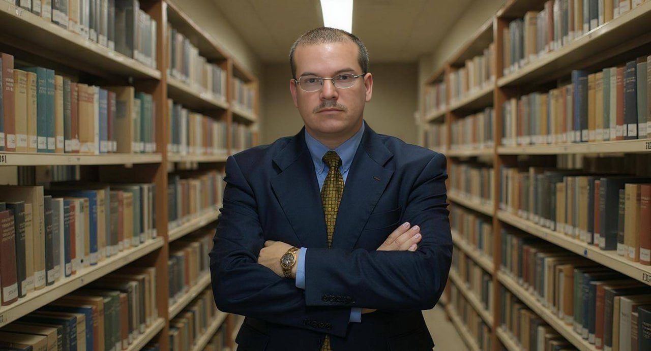Fernando Báez standing between library shelves, arms folded