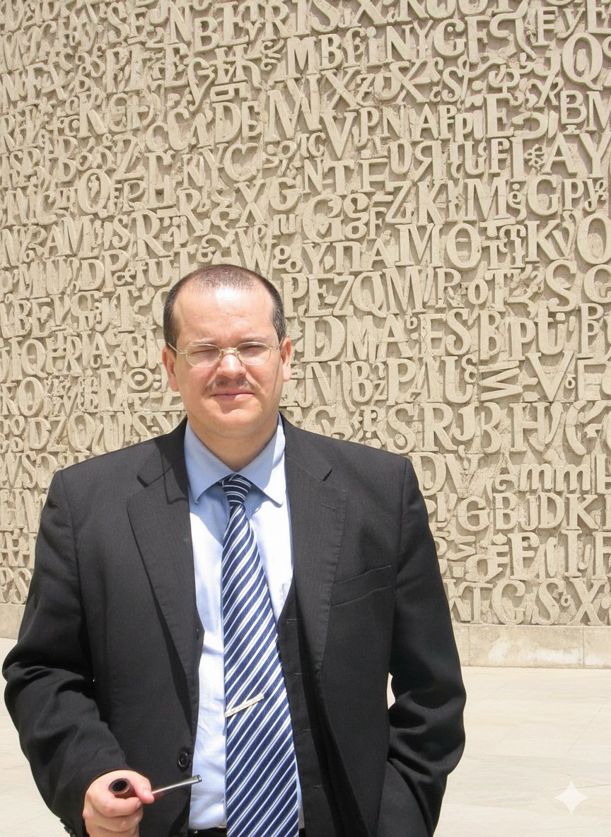 Fernando Báez ante un muro cubierto de inscripciones talladas
