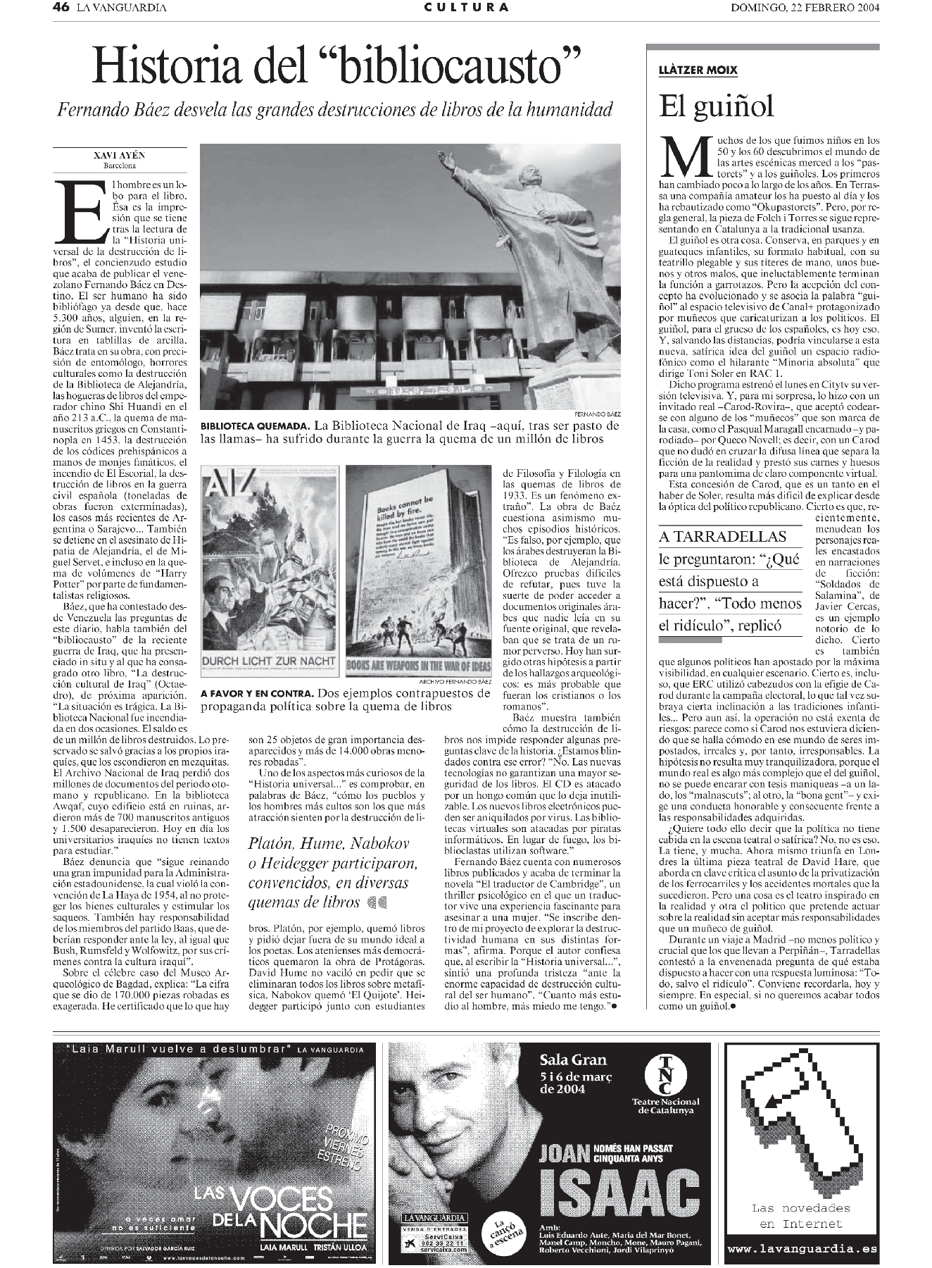 Newspaper feature titled Historia del bibliocausto by Xavi Ayén